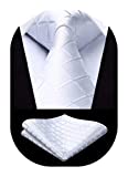 HISDERN Plaid Tie Handkerchief Woven Classic Men's Necktie & Pocket Square Set White Ties for Men Formal Wedding Business Tie Set Wedding