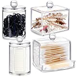 4 Pcs Cotton Swab Holder Dispenser Plastic Apothecary Jar Set Square Bathroom Organizer Floss Picks Container Bathroom Canisters Vanity Makeup Organizer with Lid for Cotton Round Pads Storage