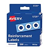 Avery Self-Adhesive Hole Reinforcement Stickers, 1/4" Diameter Hole Punch Reinforcement Labels, White, Non-Printable, 200 Labels Total (5729)