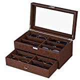 BEWISHOME Sunglasses Organizer12 Slots Sunglasses Case for Women Men,Eyeglasses Eyewear Display Case with Clear Glass Top, Multi Sunglasses Jewelry Holder with Drawer, Faux Leather ,Brown SSH48Z