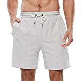 HEALONG Mens Athletic Shorts Cotton: Gym Workout Running Exercise Training - 7" Elastic Waist Drawstring Fashion Casual Sports for Men with Zipper Pockets Grey