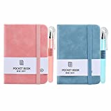 2 Pieces Mini Notebooks with Pen Small Pocket Notebook Hardcover Journal Notepad with Pen Holder Page Marker Ribbons for Students Office Diary Subject Writing Supplies, 3.1 x 4.4 Inch, Pink and Blue