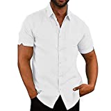 JEKAOYI Button Down Short Sleeve Linen Shirts for Men Summer Casual Cotton Spread Collar Beach Shirts (White, Large)