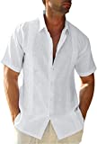 JEKAOYI Mens Casual Linen Cotton Button Down Short Sleeve Shirts Cuban Camp Guayabera Beach Tops White