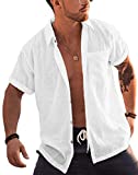 Bbalizko Mens Short Sleeve Button Up Shirts Linen Cotton Beach Tops Spread Collar Plain Summer T Shirt with Pocket White