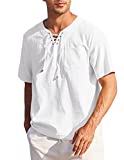 COOFANDY Men Casual Cotton Linen T Shirt Short Sleeve Beach Lace Up Hippie Shirt