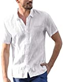 COOFANDY Men's Linen Shirt Lightweight Classic Fit Cotton Button Down Shirt Beach Holiday with Pocket White