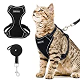 Cat Harness and Leash Set for Walking Escape Proof - Reflective Adjustable Cat Vest Harness for Small to Large Cat Puppy - Cute Black Mesh Breathable Soft Cat Full Body Harness