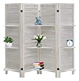 4 Panel Room Divider with Shelves Folding Privacy Screens Room Dividers for Bedroom Home Living Rooms, Divider and Double Hinged Wooden Room Dividers and Room Separator(White)