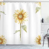 Ambesonne Sunflower Shower Curtain, Sunflowers Watercolor Painting Effect and in Minimalistic Design Art, Cloth Fabric Bathroom Decor Set with Hooks, 69" W x 70" L, Yellow White