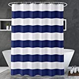 AmazerBath Navy Blue Shower Curtain Stripes, 72" W x 72" H Blue and White Shower Curtain, Fabric Shower Curtain for Bathroom, with 2 Heavy Stones