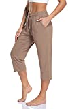 TARSE Womens Capri Yoga Pants Plus Size Loose Drawstring Capris Workout Sweatpants Soft Lounge PJ Crop Pants (Brown Tan,XL)