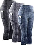 NELEUS Women's 3 Pack Tummy Control High Waist Yoga Capri Leggings with Pockets,9034,Black,Grey,Navy Blue,3XL