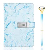 Diary with Lock Marble PU Leather A5 Journal Combination Lock Secret Personal with Diamond Pen for Girls Women Boys(Blue)