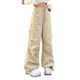 Women's Low Waist Cargo Pants Casual Solid Color Harajuku Vintage Y2K Low Rise Baggy Jogger Relaxed Cinch Pants(A-Beige,Medium)