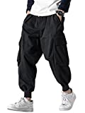Men's Joggers Pants Casual Baggy Cotton Drawstring Tapered Sweatpants Cargo Hippie Loose Fit Trousers with Multi-Pocket Black