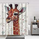 Funny Animal Giraffe Kids Shower Curtain for Bathroom,Colorful Cute Giraffe Watercolor Dot Fabric Shower Curtains Set, Polyester Bathroom Accessories with Hooks, Cartoon Grey Bath Curtains, 69X70in