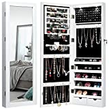 Giantex Wall/Door Mounted Jewelry Armoire Organizer with 2 LED Lights, Lockable Height Adjustable Jewelry Cabinet with Full Length Mirror, Large Capacity Dressing Makeup Jewelry Mirror Storage (White)