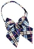 Flairs New York Women Handmade Pre-Tied Bowknot Bow Tie (Navy Blue/Khaki Plaids [Silky])