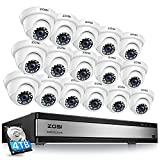 ZOSI H.265+ 1080p 16 Channel Security Camera System,16 Channel CCTV DVR with Hard Drive 4TB and 16 x 1080p Indoor Outdoor Dome Camera, 80ft Night Vision, 105 View Angle, Remote Control, Alert Push