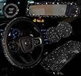 IDOGliitte+ 6 Pack Bling Rhinestone Car Decor, Rear View Mirror, Charming Auto Center Console Protective Cover, Steering Wheel Cover, Cup Coaster 2PCS Black