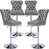 Chairus Swivel Bar Stool Chair Set of 4 Modern Adjustable Counter Height Bar Stools, Velvet Upholstered Stool with Tufted High Back & Metal Ring for Kitchen Breakfast Island, Chrome Base, Grey -4PCS