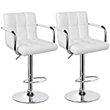 Yaheetech Tall Bar Stools Set of 2 Modern Square PU Leather Adjustable BarStools Counter Height Stools with Arms and Back Bar Chairs 360 Swivel Stool White