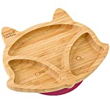 Bamboo Baby Plate with Suction - Kids and Toddler Suction Cup Plate for Babies, Non-toxic All-Natural Bamboo Baby Food Plate Stays Cool to the Touch for Baby-Led Weaning (Fox-Cherry)