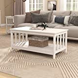 ChooChoo Farmhouse Coffee Table, Pure White Living Room Table with Shelf, 40 Inch