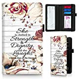 Leather Check Book Cover for Personal Checkbook and Register Bible Quote Wood Flower Theme, RFID Blocking Slim Checkbook Cover for Duplicate Checks with Pen Holder Elastic Band