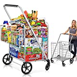 Shopping Cart, 440 lbs Upgrade Super Capacity Grocery Cart Extra Jumbo Double Basket Folding Shopping Cart with 360 Rolling Swivel Wheels Utility Shopping Cart for Laundry, Grocery, Shopping, Baggage