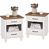 Set of 2 White Nightstands with 2 Drawers Storage Shelf, Modern End Tables Living Room Set of 2, Farmhouse Night Stands Solid Wood Bedside Table for Bedroom