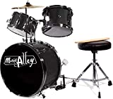 Music Alley 3 Piece Kids Drum Set with Throne, Cymbal, Pedal & Drumsticks, Metallic Black, (DBJK02-BK)