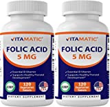Vitamatic 2 Pack Folic Acid 5mg (5000 mcg) - 120 Vegetarian Tablets - (Vitamin B9 Folate) (Total 240 Tablets)
