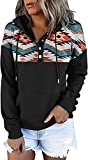 ETCYY Women's Color Block Hoodies Tops Long Sleeve Casual Drawstring Aztec Printed Button Down Pullover Sweatshirt with Pocket