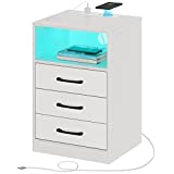 Seventable Nightstand with Wireless Charging Station and LED Lights, Modern End Side Table with 3 Drawers and Open Storage for Bedroom,White