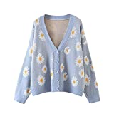 Women Y2K Floral Print Knit Cardigan Sweater Long Sleeve V Neck Button Down Sweater Vintage Aesthetic 90s Outerwear Tops (Blue, OneSize)