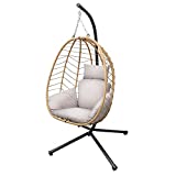 VARVIND Hammock Chair,Swing Egg Chiar with Stand and Cushions, Pillow, Foldable Wicker Rattan Hanging Egg Chair,Adjustable Height ,Anti-UV&Waterproof, Indoor and Outdoor Use,286Lbs(Beige)