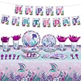 172 Pcs Mermaid Party Supplies Mermaid Birthday Set for Girls, Including Plate, Napkin, Cup, Knife Fork and Spoon, Tablecloth Set for Mermaid Under The Sea Baby Shower Party Decor, Serves 24 Guests