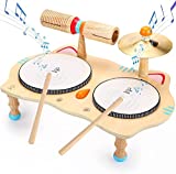 OATHX Kids Drum Set All in One Montessori Musical Instruments Set Toddler Toys Ages 1- 3- 5 Natural Wooden Music Kit Baby Sensory Toys 12-18 Months Birthday Gifts for Girls Boys