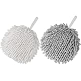 Fuzzy Ball Towels,2 Pack Hanging Bathroom Hand Towels Super Fluffy Chenille Ball Towels, High Absorbent Hand Towels to Dry Your Hand Instantly (Gray + White)