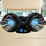 Car Fans 12V, Electric Cooling Rear Seat Headrest Vehicle Fan with Cigarette Lighter Plug 2 Speed 360 Degree Adjustable Dual Head Automobile Fan for Truck Van SUV RV Boat Auto(2 USB Charging Ports)