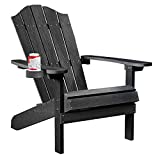 Juserox Plastic Adirondack Chair Weather Resistant with Cup Holder - Fire Pit Chair Patio Garden Outdoor Adirondack Chairs for Deck, Backyard - Black with Wood Grain Pattern