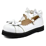 100FIXEO Women's Ankle Strap Platform Mary Janes Kawaii Goth Shoes with Bows (White,7)
