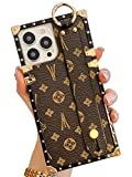 TRODINO Square Leather iPhone 13 Pro Max Case with Wristband Strap, Luxury Designer Trunk Box Phone Case for Women Girls, Hand Holder Ring Kickstand Shockproof Protective Bumper Case 6.7 (Brown)