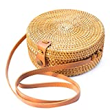Natural NEO Handwoven Round Rattan Bag Shoulder Leather Straps Natural Chic Hand