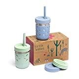 Elk and Friends Stainless Steel Cups | Mason Jar 10oz | Kids & Toddler Cups with Silicone Sleeves & Silicone Straws with Stopper | Spill proof cups for Kids, Smoothie Cups