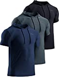 TSLA Men's Short Sleeve Pullover Hoodies, Dry Fit Running Workout Shirts, Athletic Fitness & Gym Shirt, Hoodie 3pack Black/Charcoal/Navy, Large
