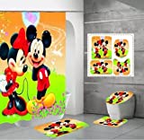 Mickey, Minnie Garden Shower Curtain, 4pcs Extra Long Shower Curtain Set with Non-Slip Rugs, Waterproof Fabric Bath Curtain Shower Curtains with 12 Hooks for Home Bathroom Decor, 72''x72''