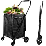 Realife Foldable Shopping Cart with Liner, Portable Utility Cart with Wheels for Grocery and Heavy Duty, 120lbs, Black